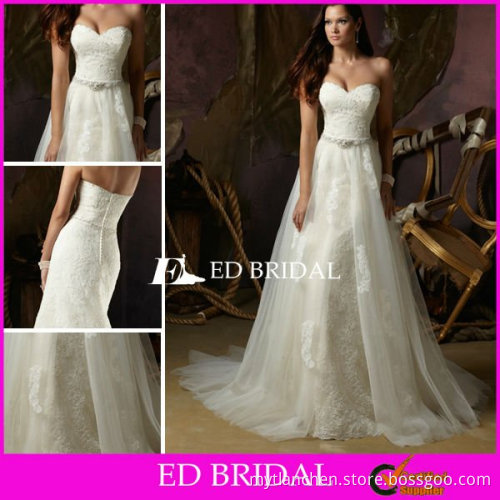 Latest A Line Strapless Sweetheart Court Train Beaded Lace Applique Wedding Dresses Removable Skirt 2012